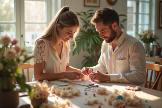 Couple créant des décorations de mariage dans une cuisine lumineuse