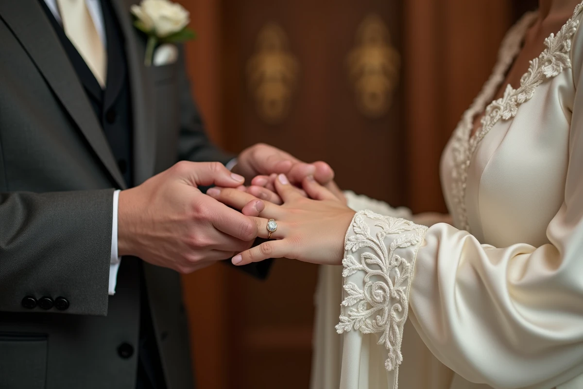 Détail des mains du couple marié montrant l'harmonie entre la robe ivoire et le costume gris du marié avec cravate ivoire