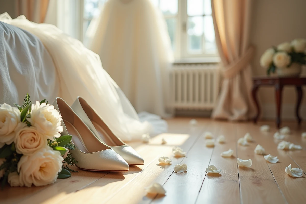 Gros plan sur des chaussures de mariée blanches en cuir sur parquet ancien, entourées de pivoines et pétales de rose, préparatifs de mariage
