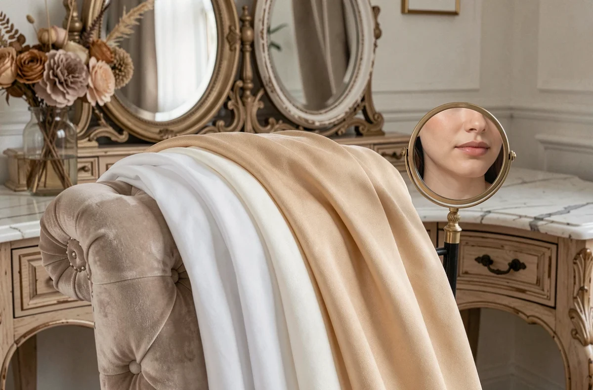 Détail de deux tissus de robe de mariée blanc et ivoire drapés sur un fauteuil dans un boudoir classique pour illustrer les différences de nuances