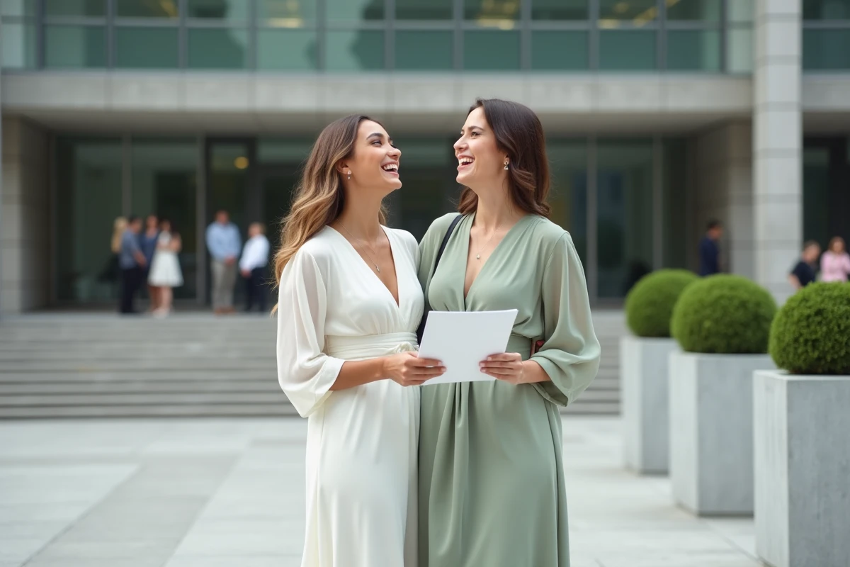 Deux mariées en robes trapèze élégantes devant une mairie moderne pour un mariage civil