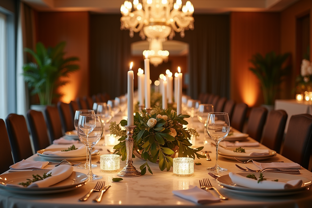 Table de mariage intérieur avec centre de bougies et décor sophistiqué