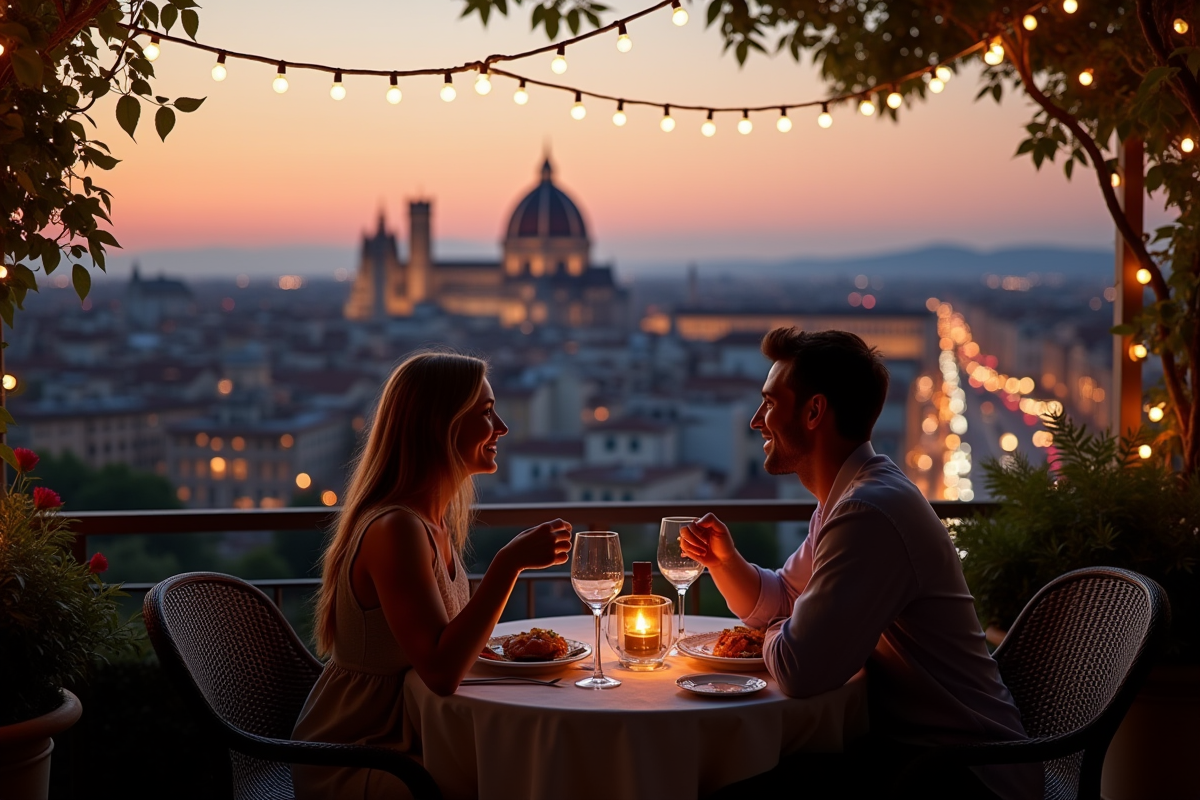 Couple dînant en terrasse avec vue sur une ville européenne