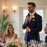 Homme en costume navy donnant un discours de mariage chaleureux
