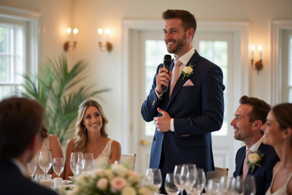 Homme en costume navy donnant un discours de mariage chaleureux