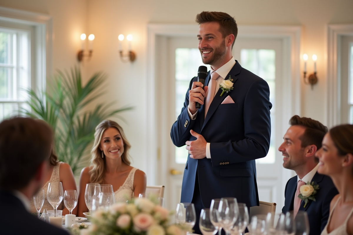 Homme en costume navy donnant un discours de mariage chaleureux