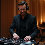 DJ professionnel en costume noir lors d'une soirée élégante