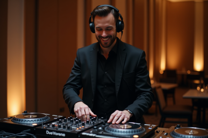 DJ professionnel en costume noir lors d'une soirée élégante