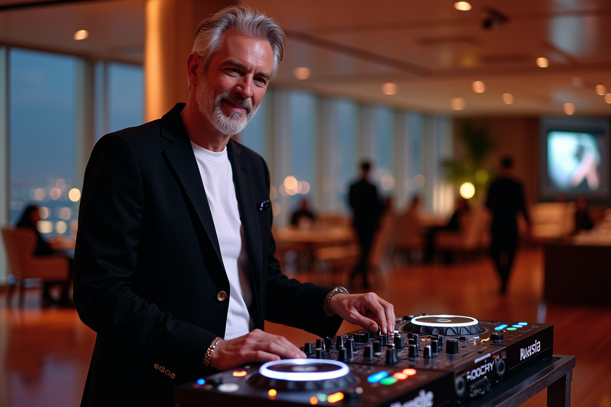 DJ homme en costume noir dans une salle élégante