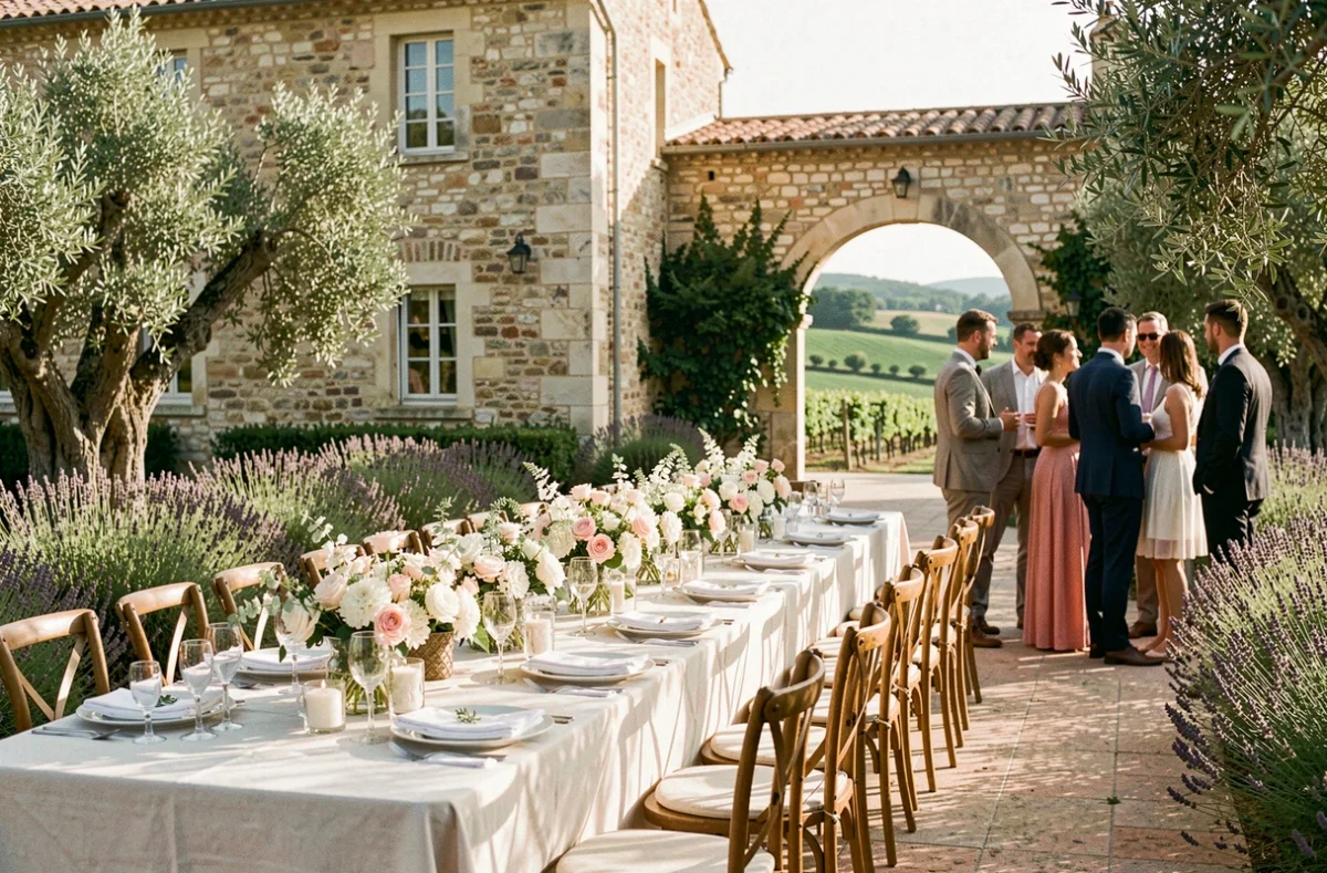 Réception de mariage en extérieur au Domaine de la Trinité avec mas en pierre, oliviers et table de banquet fleurie