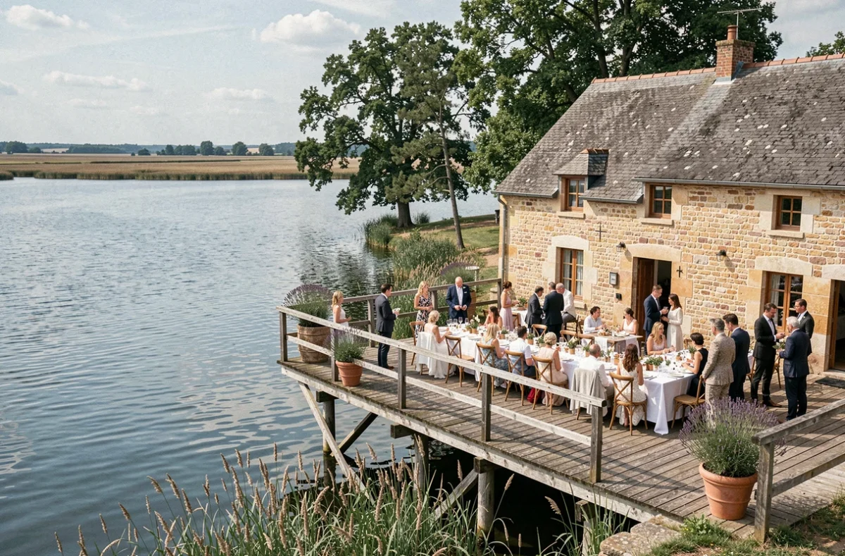 Le Domaine de Lindre en Moselle avec dîner de mariage en terrasse au bord de l'étang