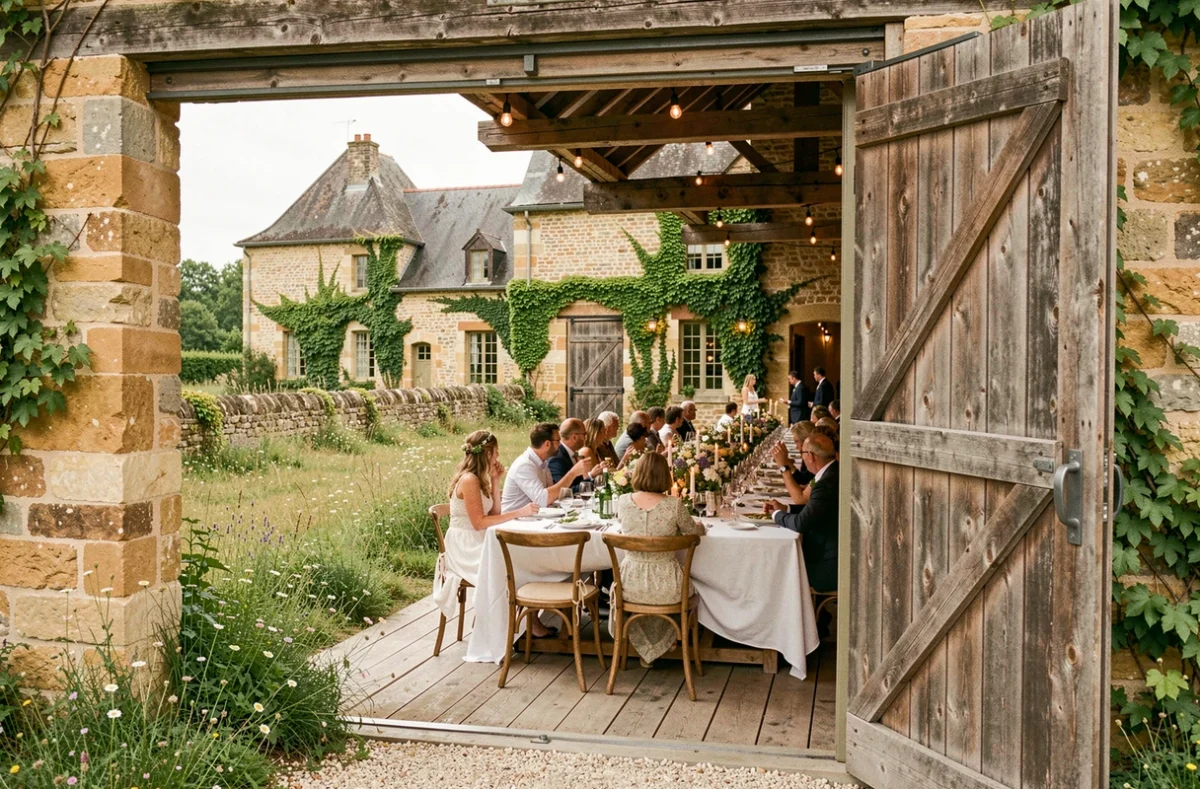 Le Domaine de Raville en Moselle avec ses bâtiments en pierre rénovés et un banquet de mariage champêtre