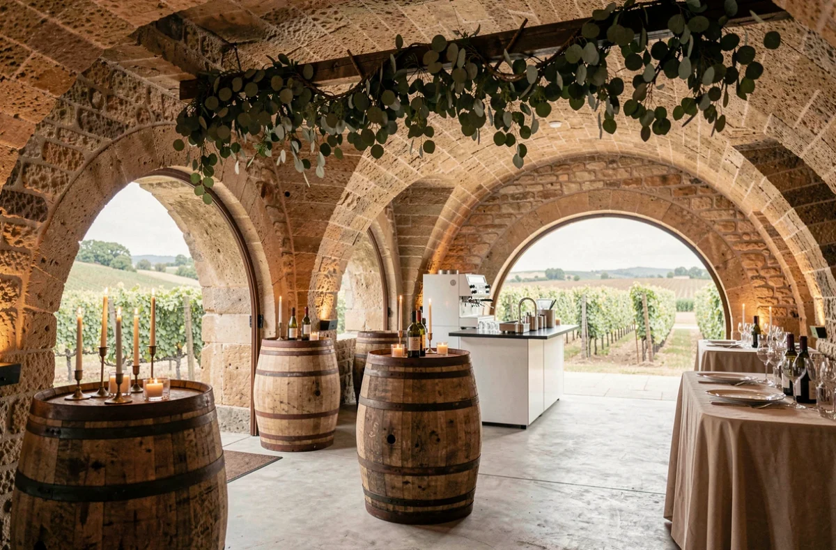 Cave voûtée du Domaine des Barrettes transformée en salle de mariage avec tonneaux de bois et vue sur les vignes