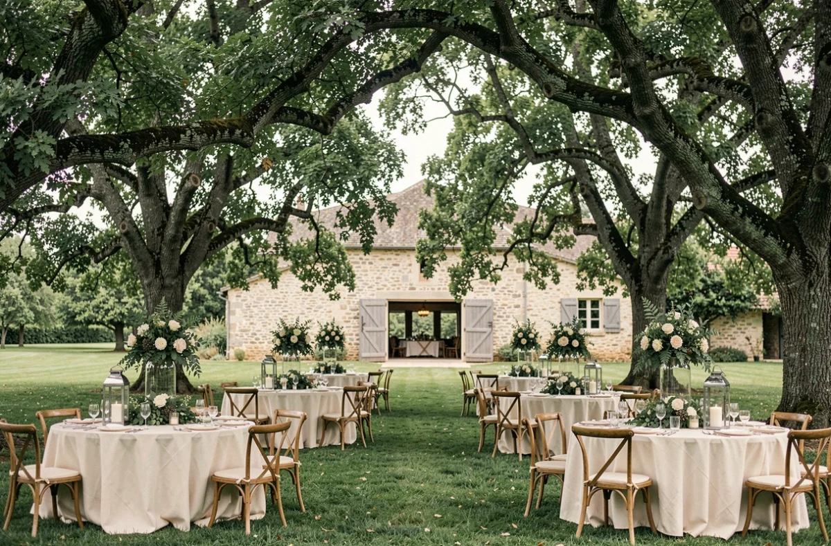 Dîner de mariage en plein air au Domaine des Laux sous des chênes centenaires avec tables rondes et grange en pierre