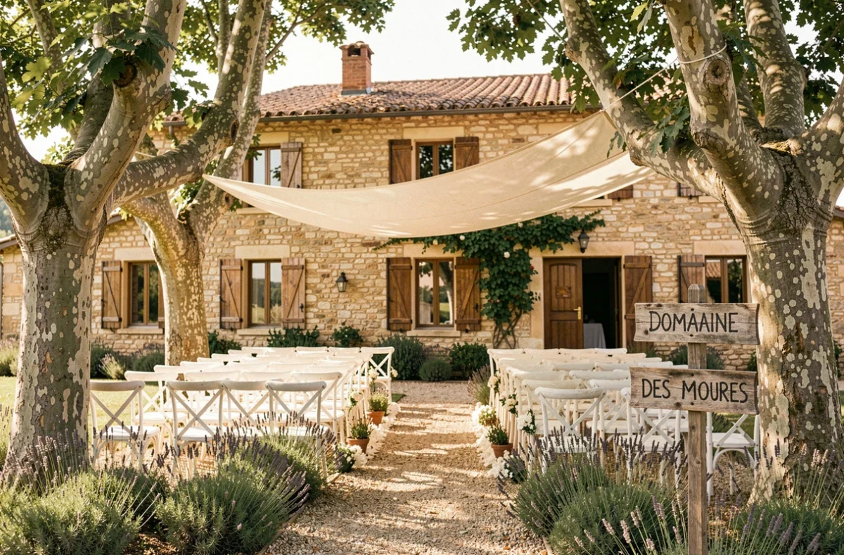 Cérémonie de mariage au Domaine des Moures avec allée en gravier, chaises blanches et mas en pierre entouré de lavande