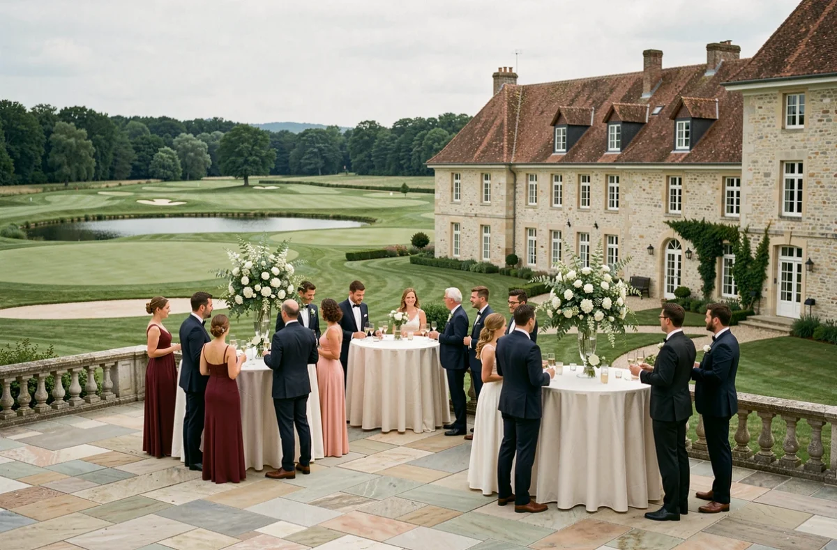 Le Domaine de la Grange aux Ormes près de Marly avec terrasse de cocktail mariage et golf paysager