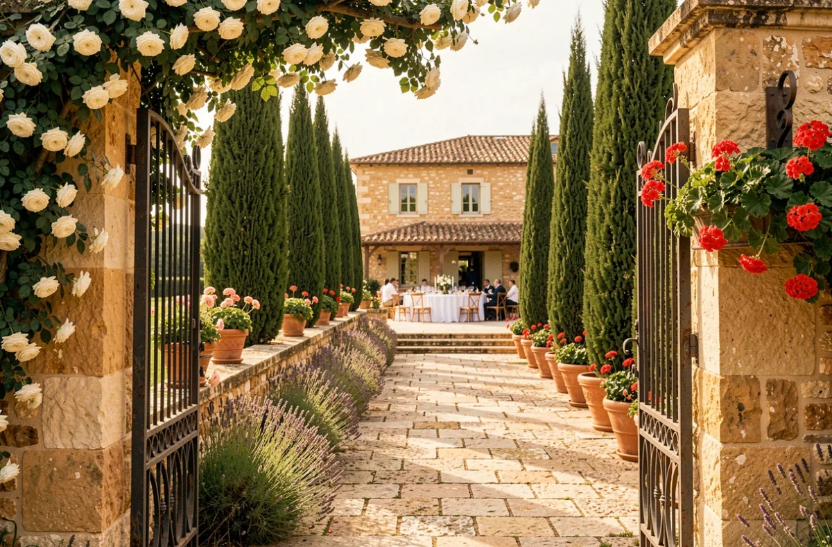 Domaine La Fourcade avec bastide en pierre, allée de cyprès et banquet de mariage sur terrasse provençale