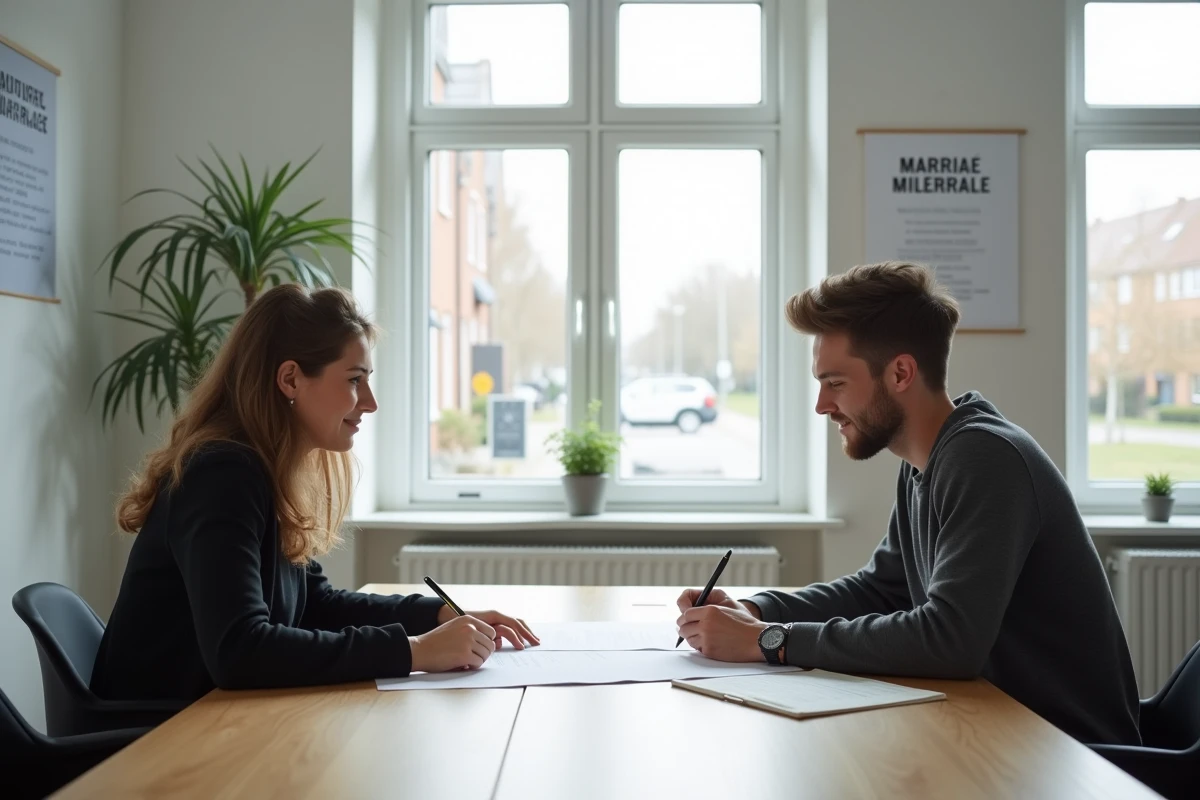 Couple examinant des documents administratifs de mariage dans un bureau municipal danois moderne et minimaliste