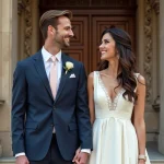Duo assorti mariage civil : marié en costume bleu marine et mariée en robe ivoire courte, devant une mairie française
