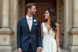 Duo assorti mariage civil : marié en costume bleu marine et mariée en robe ivoire courte, devant une mairie française