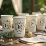 Eco cups personnalisés avec initiales et motifs botaniques sur une table en bois lors d'une cérémonie laïque en plein air