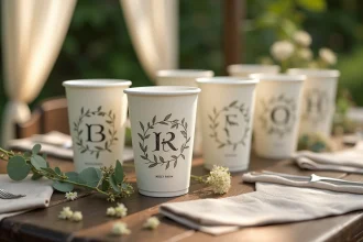 Eco cups personnalisés avec initiales et motifs botaniques sur une table en bois lors d'une cérémonie laïque en plein air