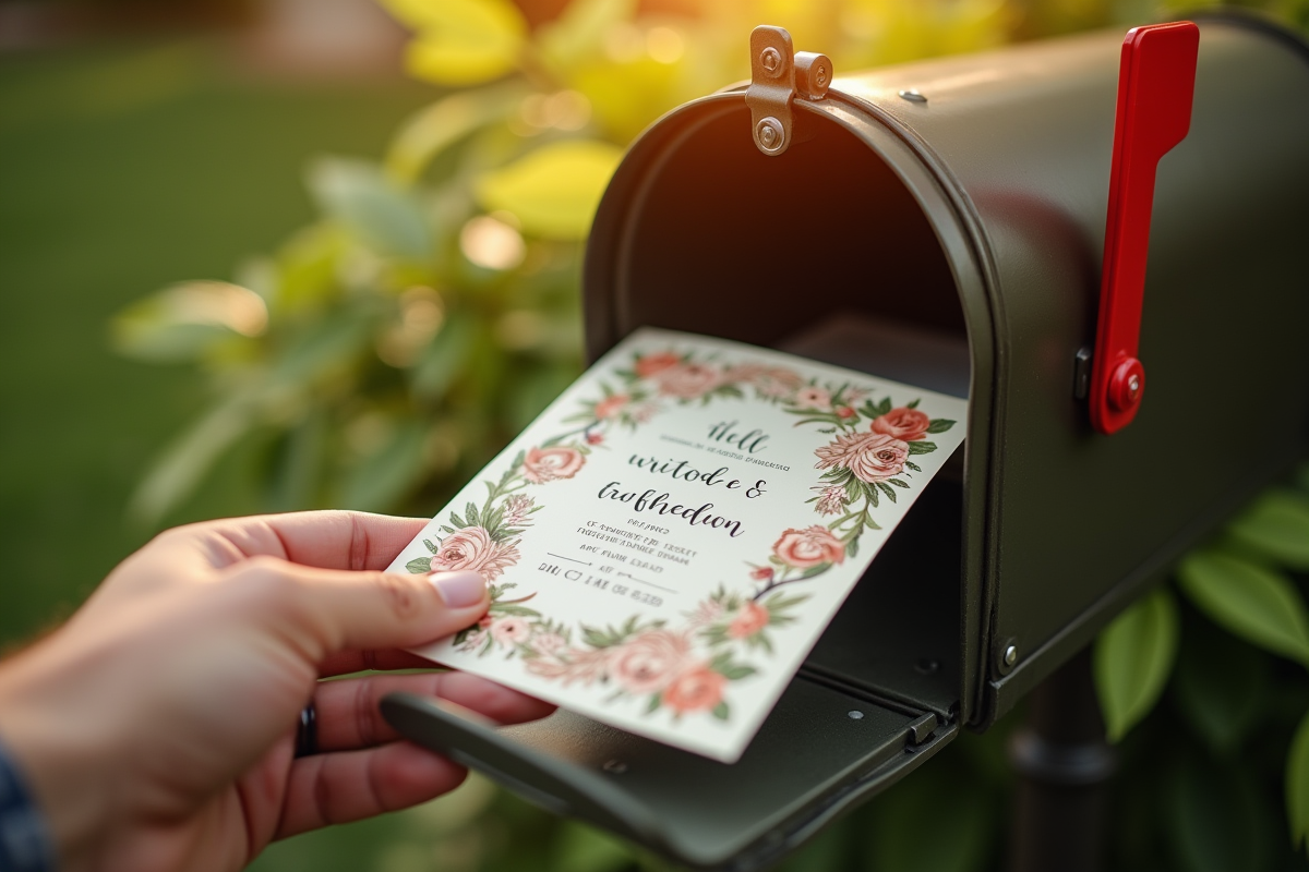 Main déposant une invitation de mariage dans une boîte aux lettres