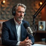 Eric Jean-Jean dans un studio de radio, élégamment habillé, parlant avec une expression réservée et professionnelle