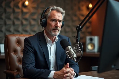 Eric Jean-Jean dans un studio de radio, élégamment habillé, parlant avec une expression réservée et professionnelle