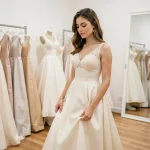 Jeune mariée essayant une robe de mariée en dentelle ivoire dans une boutique de robes de mariée