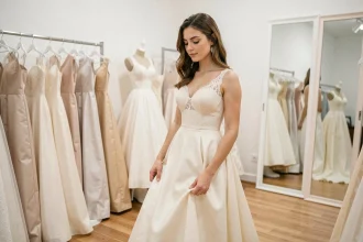 Jeune mariée essayant une robe de mariée en dentelle ivoire dans une boutique de robes de mariée