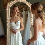 Jeune femme essayant une robe de mariée simple et élégante dans une petite boutique de mariage abordable