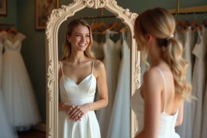 Jeune femme essayant une robe de mariée simple et élégante dans une petite boutique de mariage abordable