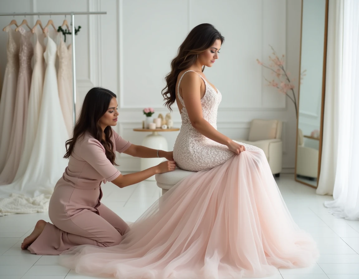 Femme ronde essayant une robe de mariée sirène en tulle blush avec une consultante dans un salon d'essayage