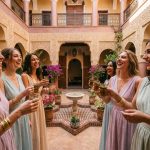Groupe de jeunes femmes en tenue pastel célébrant un EVJF dans un riad traditionnel de Marrakech autour d'un bassin en mosaïque