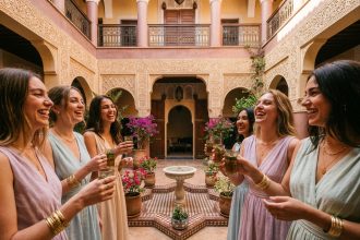 Groupe de jeunes femmes en tenue pastel célébrant un EVJF dans un riad traditionnel de Marrakech autour d'un bassin en mosaïque