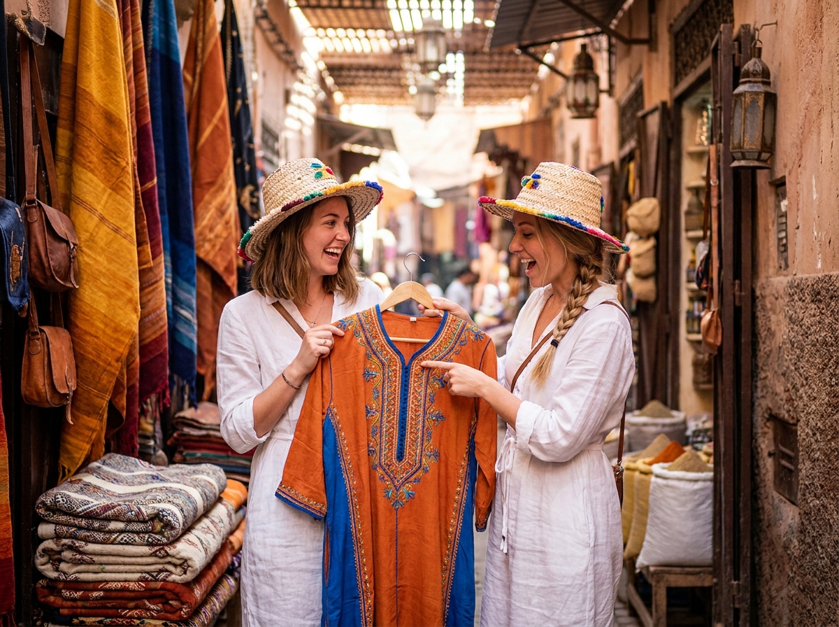 Deux amies en robe blanche et chapeau de paille explorant les souks colorés de Marrakech lors d'un enterrement de vie de jeune fille