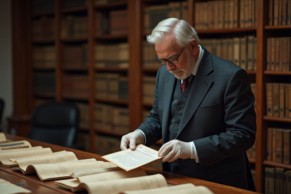 Homme senior examinant un contrat de mariage ancien dans une archive