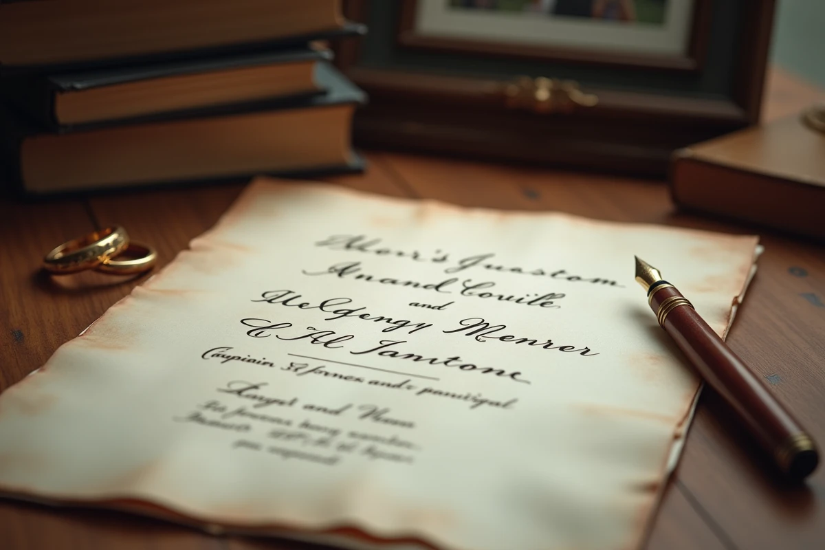 Faire-part de mariage écrit à la main sur une table en bois