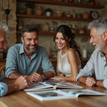Jeune couple en mariage avec famille dans une cuisine chaleureuse