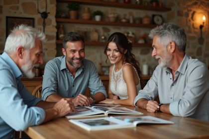 Jeune couple en mariage avec famille dans une cuisine chaleureuse