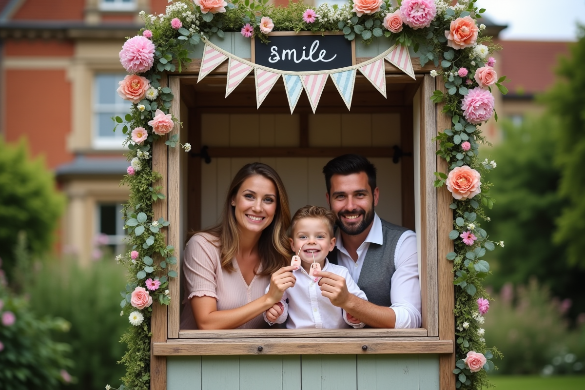 Famille posant avec accessoires dans un photobooth extérieur