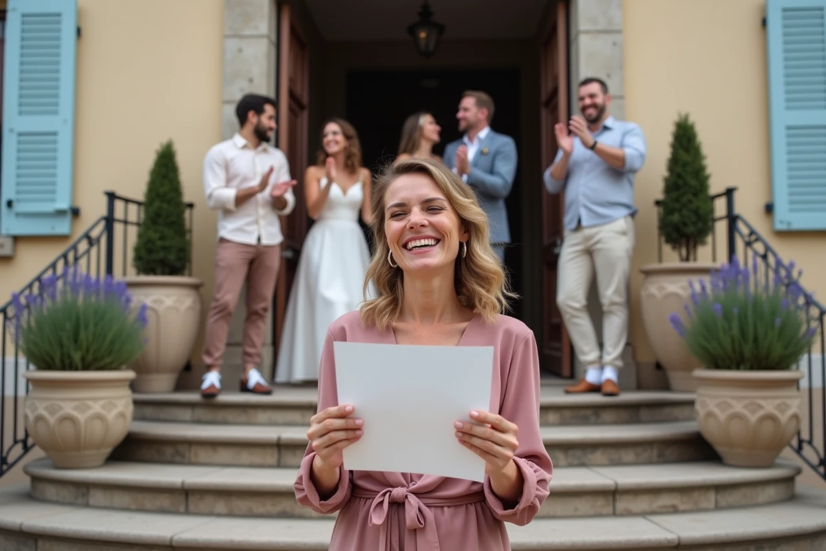 Groupe de proches lisant une carte de félicitations devant la mairie après un mariage civil en France