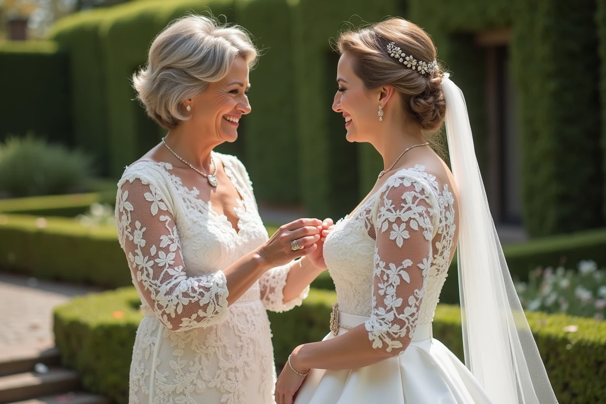 Femme aidant la mariée à fixer une broche vintage dans un jardin ensoleille