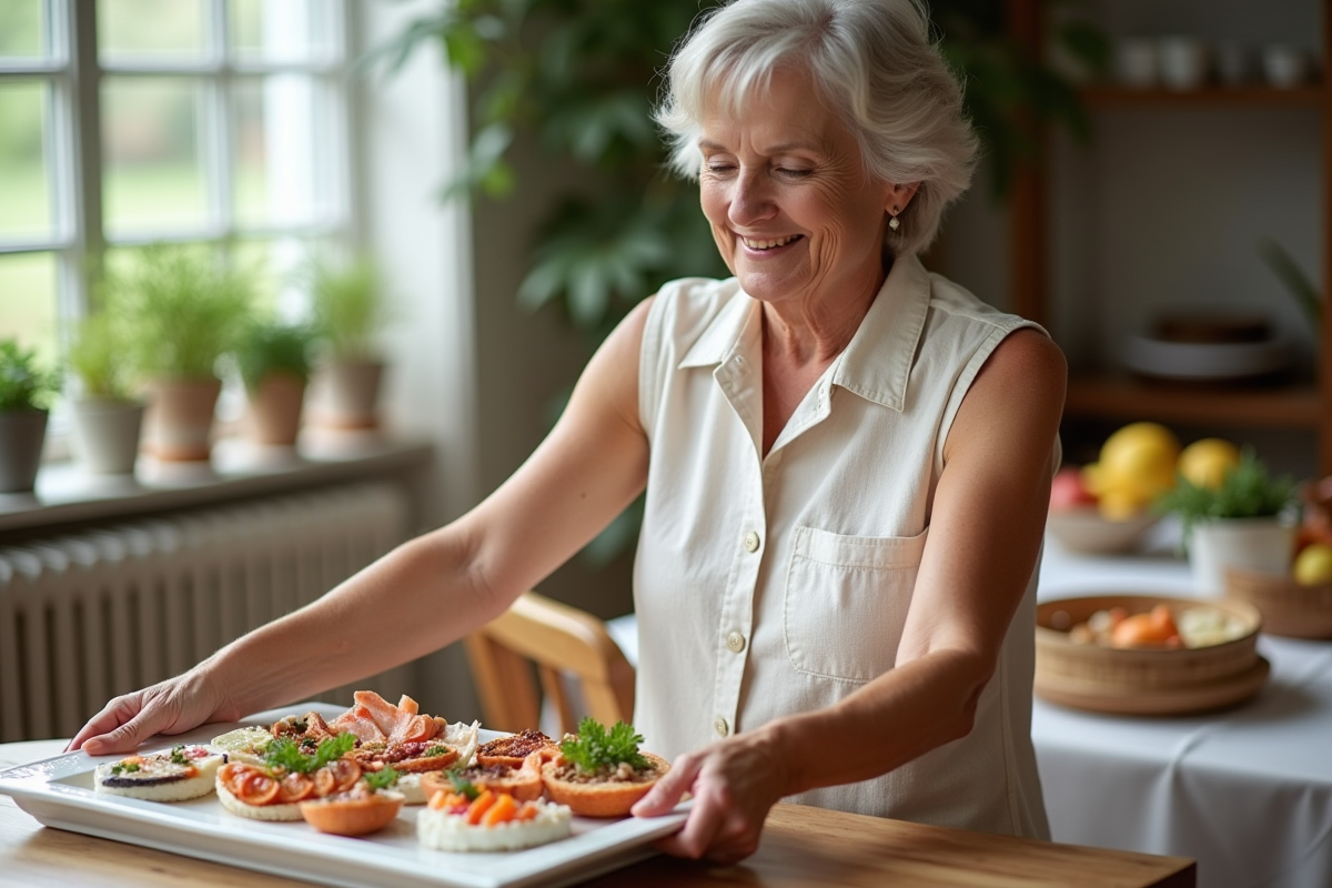 Femme souriante disposant un plateau de fruits de mer en intérieur
