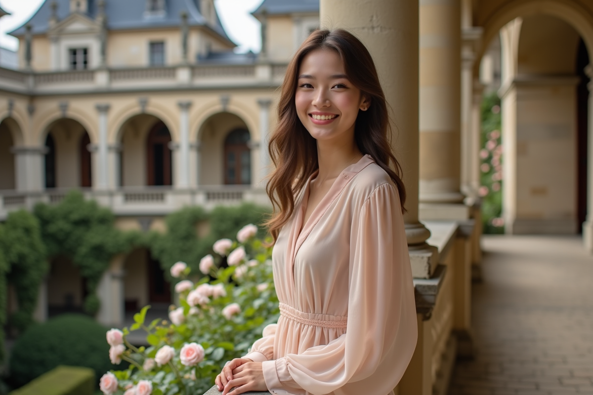Jeune femme élégante sur balcon en château historique