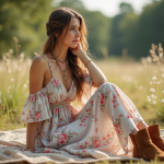 Jeune femme en robe florale dans un champ ensoleille
