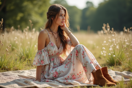 Jeune femme en robe florale dans un champ ensoleille