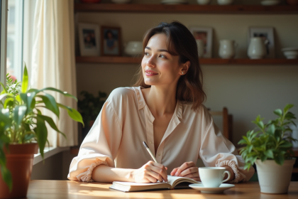 Femme souriante buvant du thé dans une cuisine chaleureuse