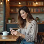 Femme souriante utilisant son téléphone dans un café cosy